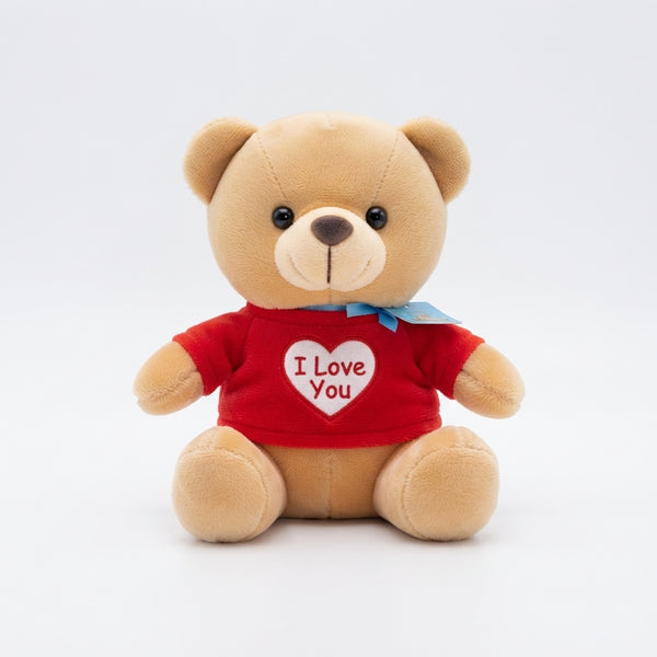Colorful Heart Bear Plush Toy wearing a red shirt with 'I Love You' text and a blue ribbon.