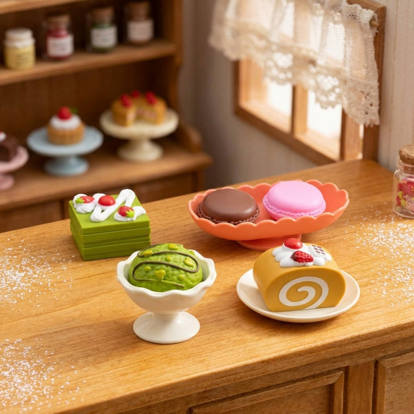 Pretend Bakery Treats Play Set featuring colorful dessert toys like cakes, macarons, and confections on display.