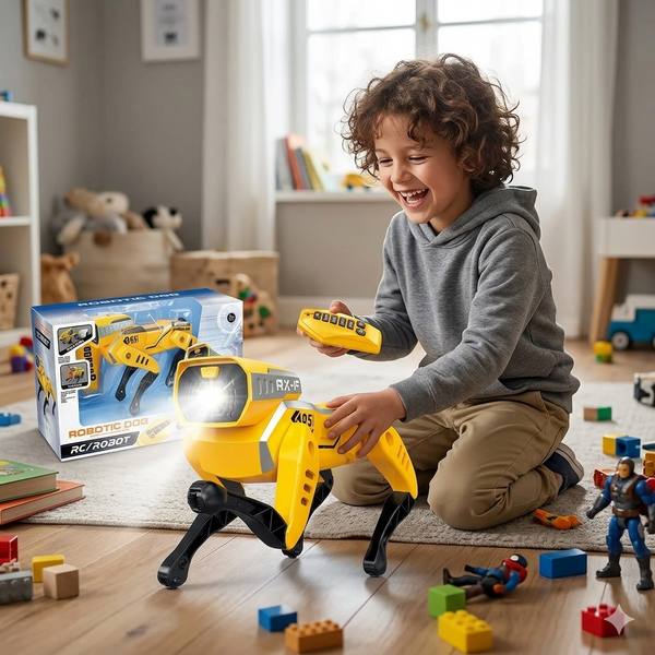 A child joyfully playing with the STEM Smart RC Robot Dog Toy and its remote in a colorful playroom.