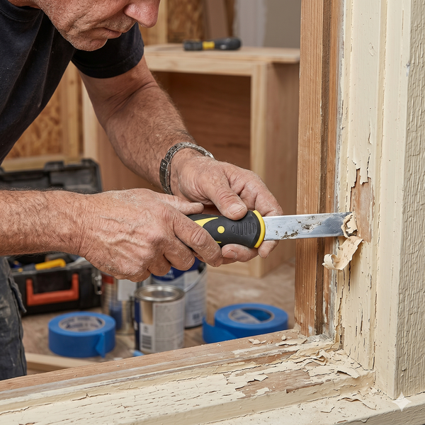 Person using a Stainless Steel Professional Paint Scraper to remove old paint from a window frame.