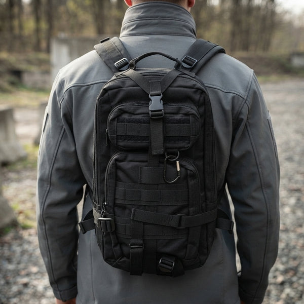 Man wearing a Field-Ready Multi-Pocket Backpack in a natural outdoor setting.