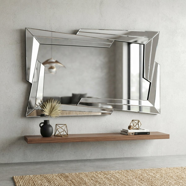 Geometric Beveled Wall Mirror with Decorative Frame