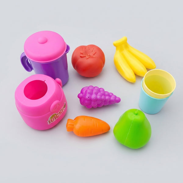 Colour Match Pretend Juicer & Food Play Set with colorful toy fruits, cups, and juicer for pretend play.