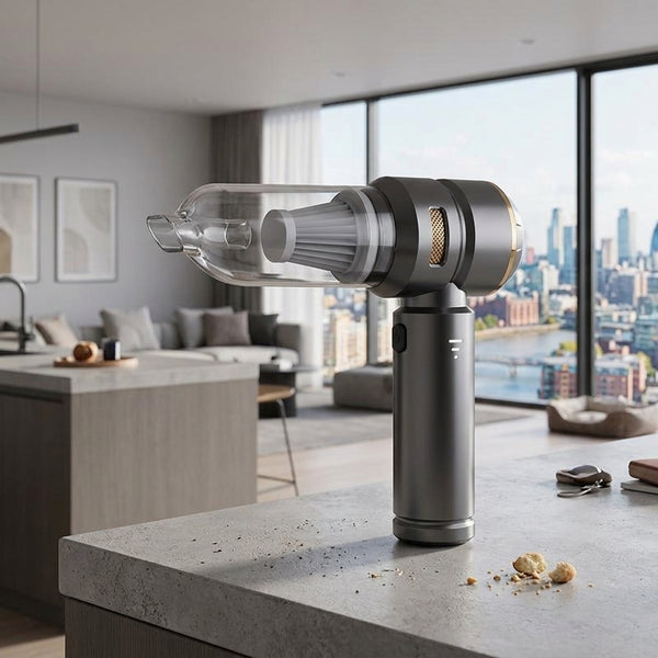 Handheld Portable Vacuum Cleaner on a kitchen countertop, ideal for quick clean-ups in various spaces.