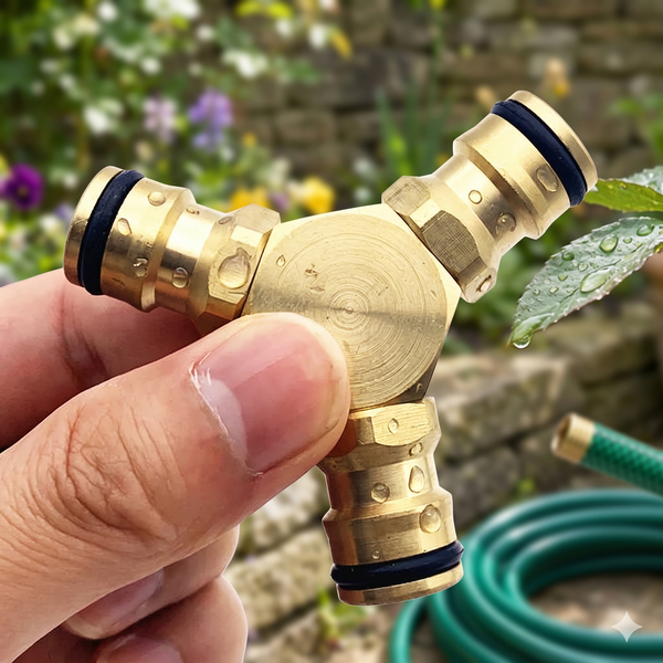 Heavy Duty Brass 3-Way Garden Hose Splitter held by a hand, showcasing its sturdy design and functionality.