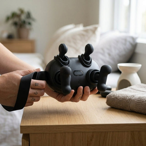 Person holding the 4-Head Handheld Body Massager on a wooden table with a cozy home setting.