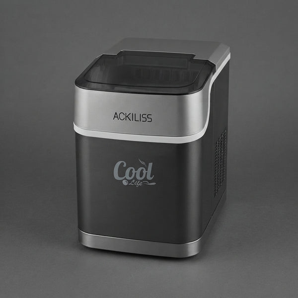 Portable Countertop Ice Maker in a sleek black design with a transparent lid for easy ice access.