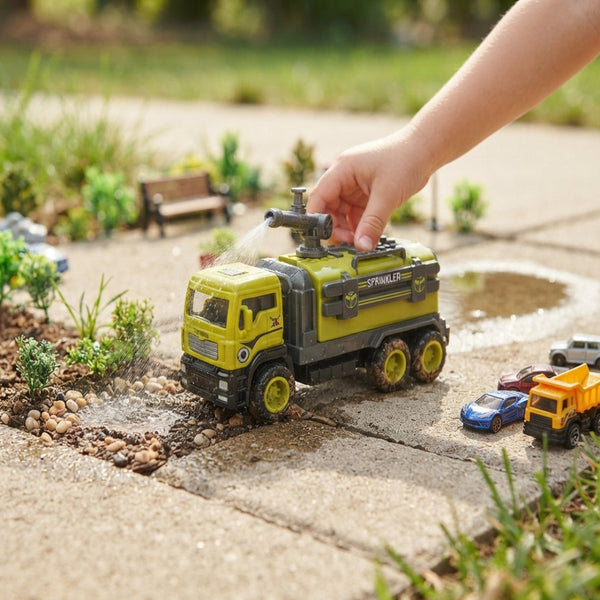 Child playing with the Alloy Tractor Head Watering Truck Play Set watering a miniature garden scene.