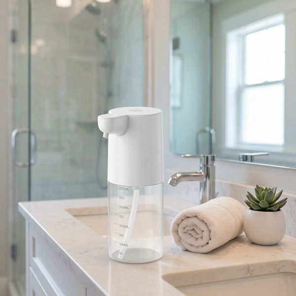 300ml Liquid Soap & Lotion Dispenser on bathroom countertop next to towels and a plant.