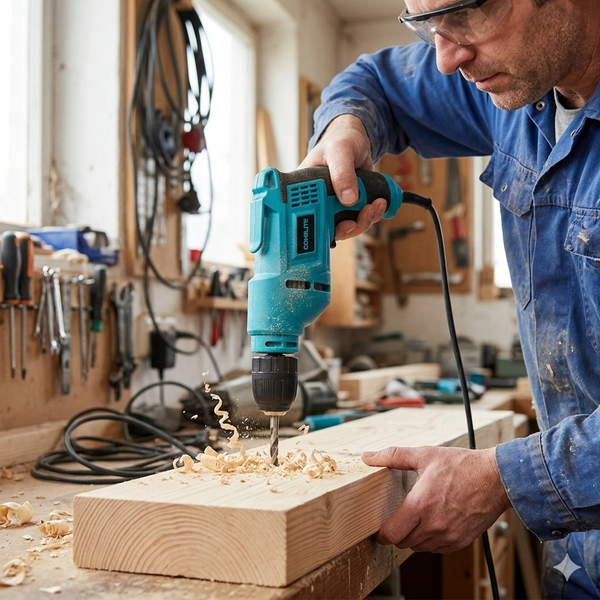 Man using a 550W High-Performance Electric Impact Drill on wood in a workshop, showing wood shavings.