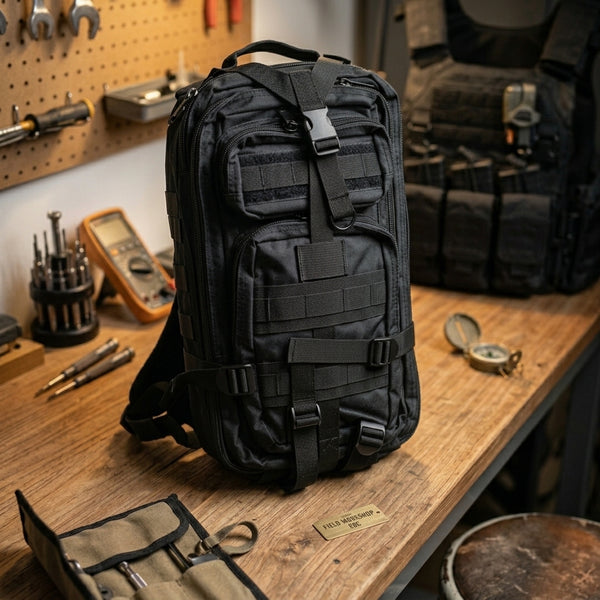 Field-Ready Multi-Pocket Backpack on a wooden workbench surrounded by tools and accessories.