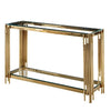 Elegant Glass Gold Decorative Console Table featuring tall gold rods and a clear glass top and shelf for stylish accents.