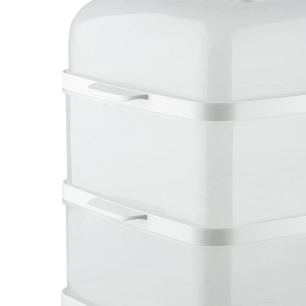 Close-up of the 12L 3-Layer Electric Food Steamer with white stacked tiers and handles.
