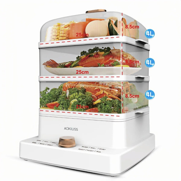1000W Electric Food Dehydrator Machine with three transparent trays and adjustable height.