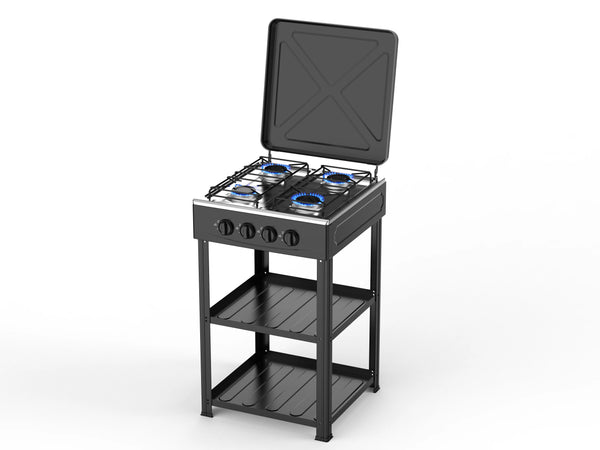 4 Burners Portable Butane Gas Stove on a stand with a lid open and three shelves for storage.