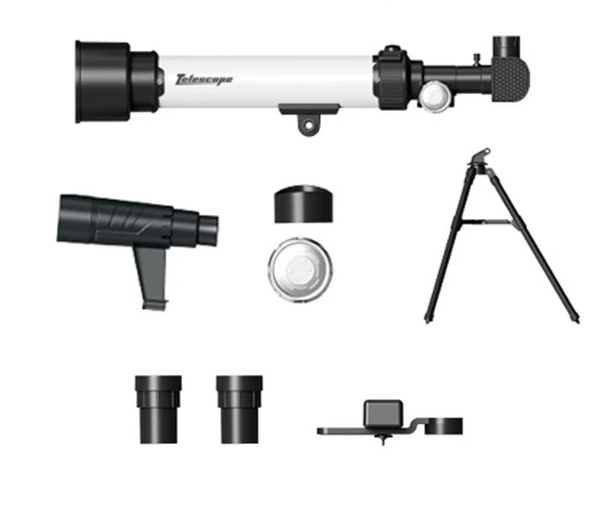 Children's High Definition Astronomical Telescope components including lens, tripod, and accessories.