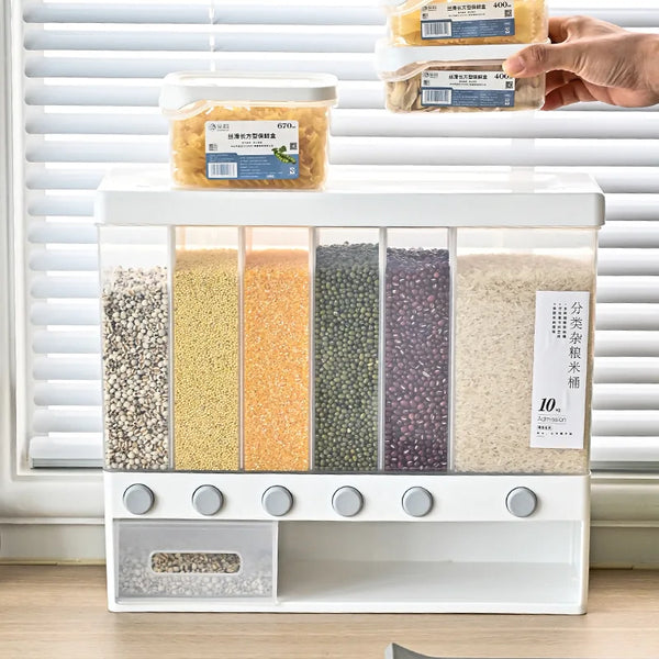 6 Compartment Dry Food Dispenser for organizing grains, cereals, and snacks with easy access.