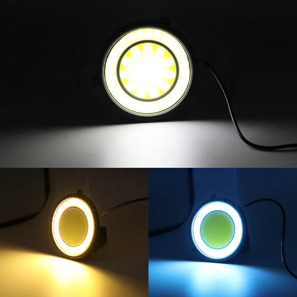 Universal 12V COB LED White Daytime Running Lights displayed in different color options including yellow and blue.