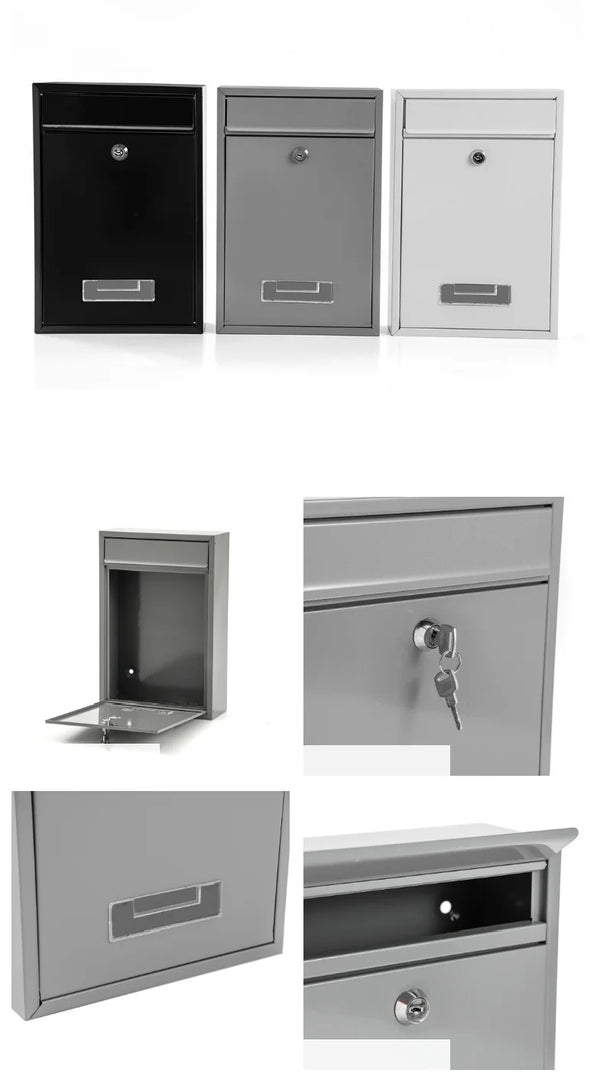 Wall-Mounted Lockable Galvanized Steel Mailbox in black, grey, and white, showcasing secure mail storage and key locking features.