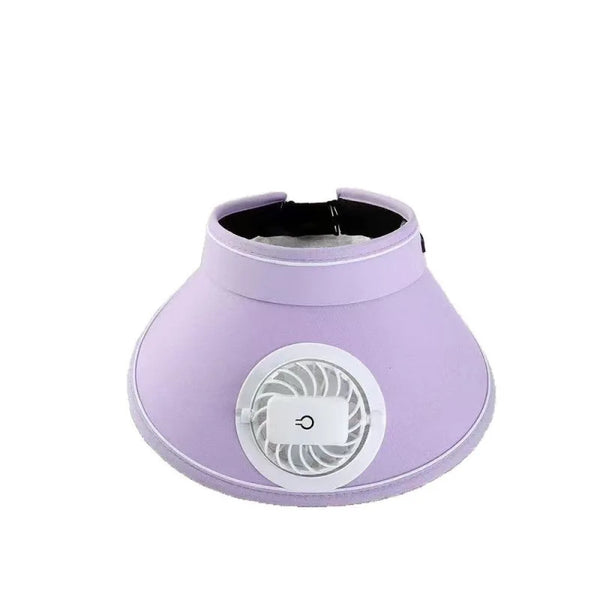 Women Rechargeable Cooling Fan Sun Visor in lavender color with built-in fan for outdoor comfort.