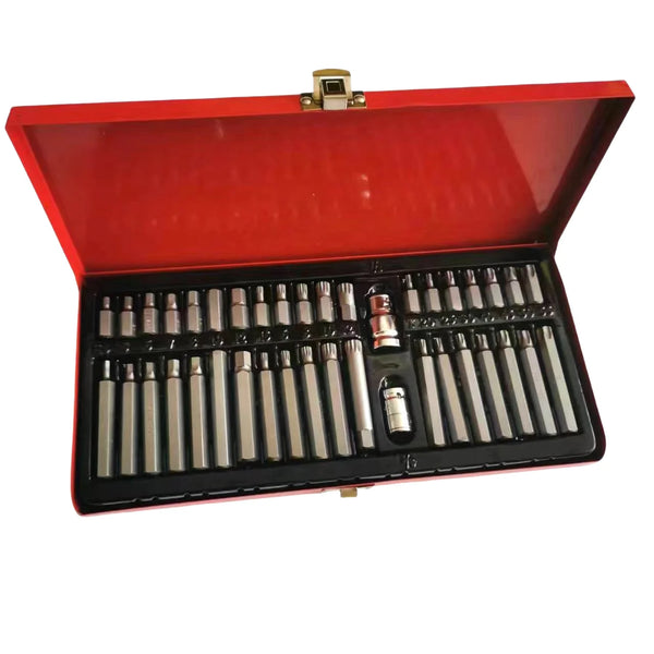 40 Piece Hex Allen Wrench Screwdriver Bit Set displayed in a red case with various sizes of hex bits.