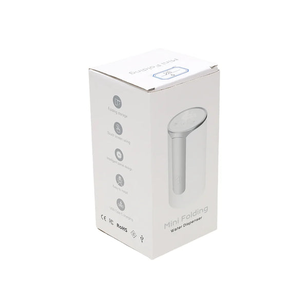 Portable Desktop Water Dispenser Pump packaging showing features of the Mini Folding Water Dispenser.