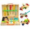 Wooden Toolbox DIY Construction Tool Set with colorful tools and toys in a storage box for kids and DIY enthusiasts.