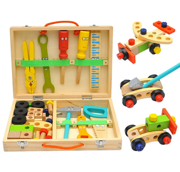 Wooden Toolbox DIY Construction Tool Set with colorful tools and toys in a storage box for kids and DIY enthusiasts.