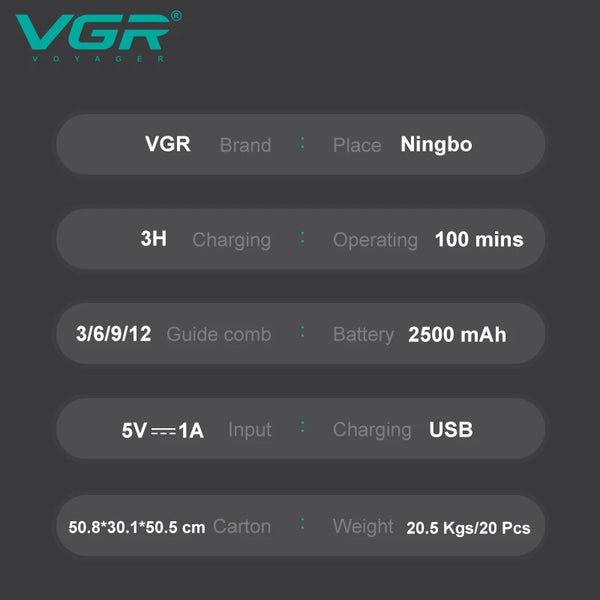 V-653 9000RPM Magnetic Motor Professional Hair Clipper specifications including battery, charging time, and dimensions.