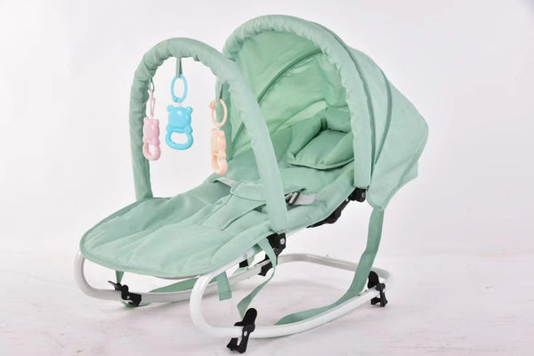 Ergonomic Baby Bouncer Rocker Chair in soft mint green with toys for sensory engagement and comfortable design.