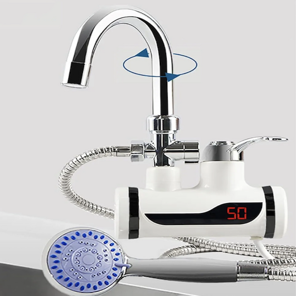 Instant Electric Heating Water Faucet with Shower with digital display and showerhead attachment.