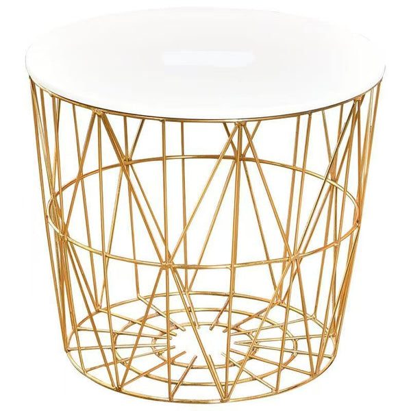 Modern MDF Veneer Dining Table: Modern gold wire base side table with white top, perfect for contemporary home decor.