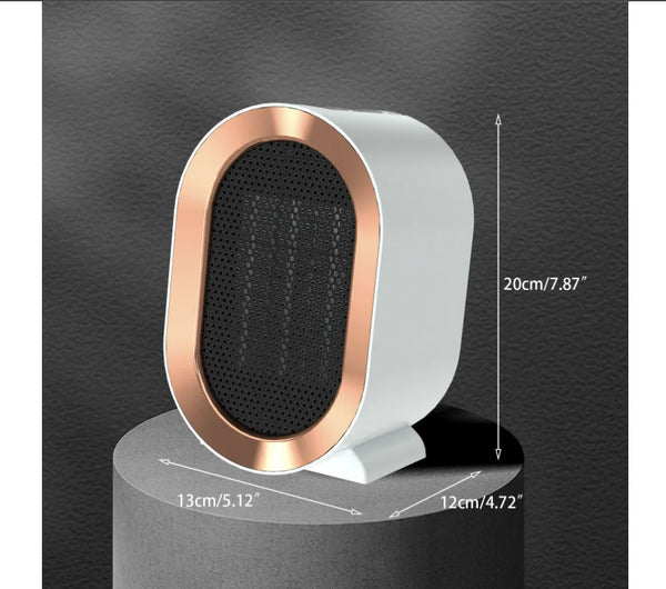 Portable PTC Electric Fan Heater on display with dimensions in centimeters and inches.