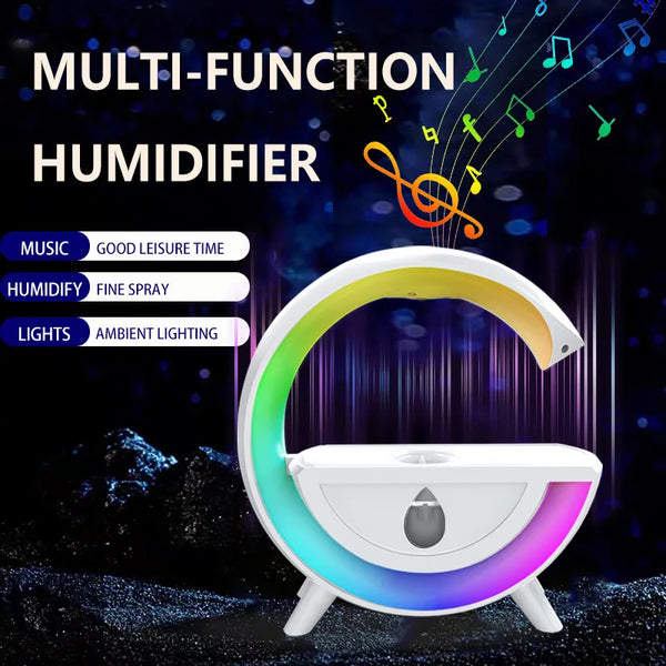G-Shape 5W Bluetooth Speaker with Humidifier & RGB Lighting featuring music notes, ambient lighting, and fine spray humidification.