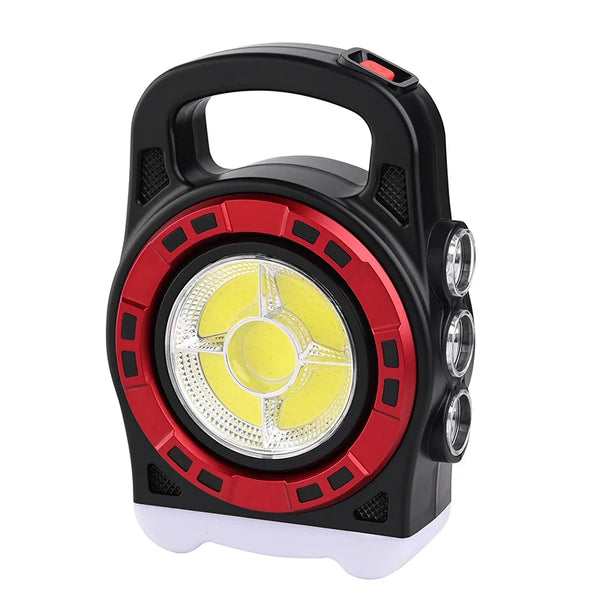 Foldable USB Rechargeable Work Light with bright front LED and handle for portable use.