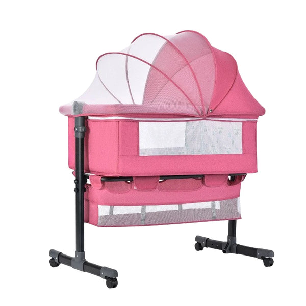 Adjustable Multifunction Baby Swing Bed Cradle in pink with mesh canopy and storage, perfect for baby sleeping and lounging.