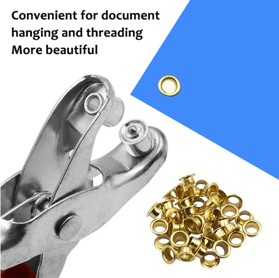 DIY Eyelet and Rivet Punch Pliers for document hanging and threading with gold eyelets.