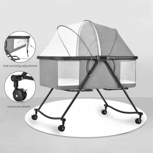 Foldable Aluminum Alloy Baby Crib with Removable Mattress featuring universal wheels and half reclining adjustment.