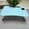 Dormitory Bed Folding Small Table with a light blue surface and cup holder, ideal for small spaces and multi-purpose use.