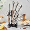 Stainless Steel 8 Piece Kitchen Knife Set displayed on a countertop with scissors and various knives in a stylish holder.