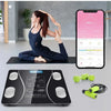 Bluetooth Digital Smart Bathroom Scale displayed alongside a fitness app and a woman doing yoga.