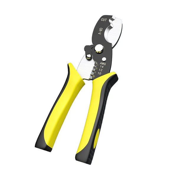 Universal Multi Function Cable Stripping Pliers with yellow grips for cutting, stripping, and crimping wires.