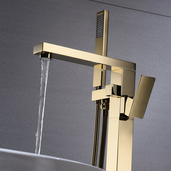 Freestanding Matte Black Square Bathtub Faucet with sleek design and water flow, ideal for modern bathrooms.