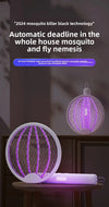 Rechargeable Electric Mosquito Swatter in use with purple light attracting insects for effective pest control.