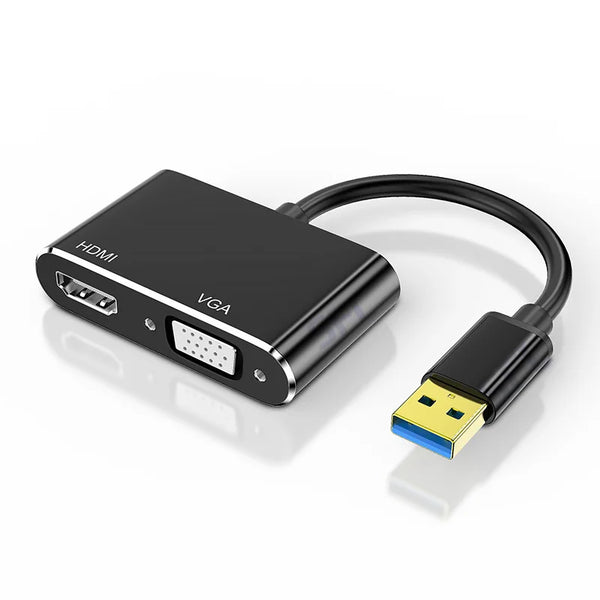 USB 3.0 to HDMI VGA Dual Output Adapter for connecting dual displays and audio devices.
