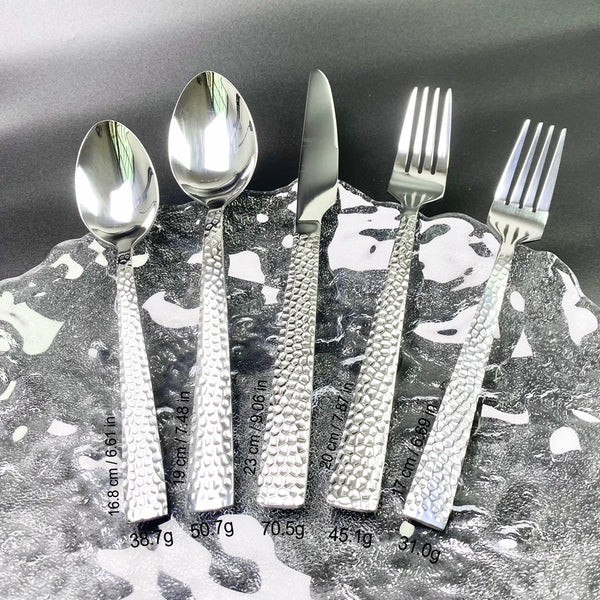 5-Piece Silverware Set displayed on a silver plate highlighting stainless steel flatware for a complete dining experience.