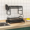 Double Layer Iron Dish Rack with Wine Glass Holder on kitchen countertop, featuring two layers for drying dishes.