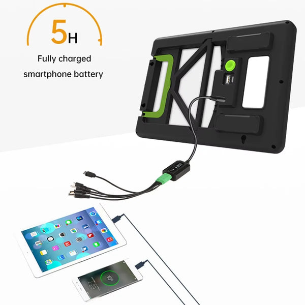 IP65 LED Portable Mini Solar Panel Light with charging cables and devices displayed.