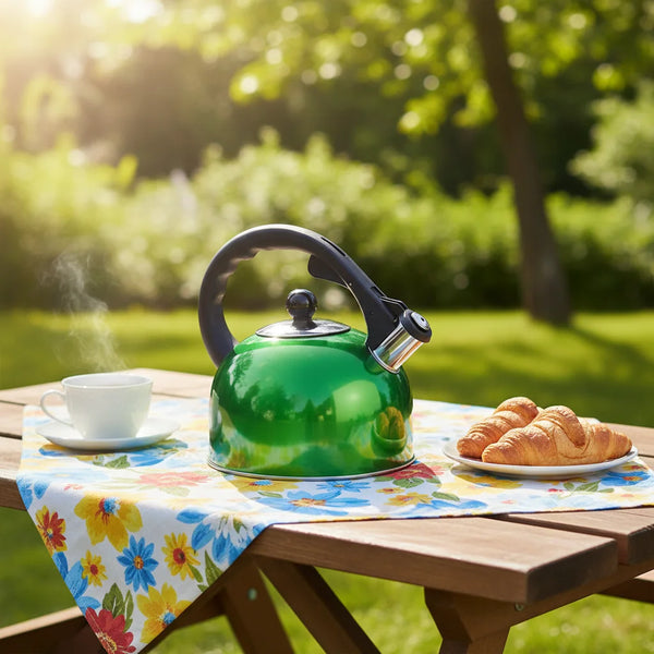 2.5L Stainless Steel Whistling Outdoor Camping Kettle on a picnic table with coffee and croissants.