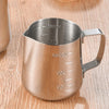 Silver Coffee Latte and Milk Frothing Pitcher 350ML with measurement markings on a wooden table.